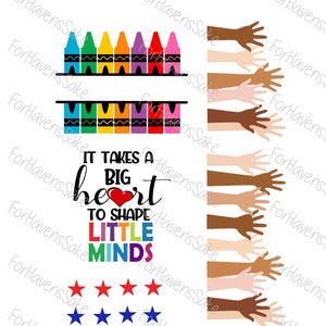 Puede incluir: Una ilustración colorida con el texto "Se necesita un gran corazón para moldear las mentes pequeñas". La ilustración incluye crayones, un corazón, estrellas y manos de diferentes tonos de piel.