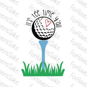 May include: A golf ball with a red heart on a blue tee, surrounded by green grass. The text "It's tee time you" is written around the golf ball.