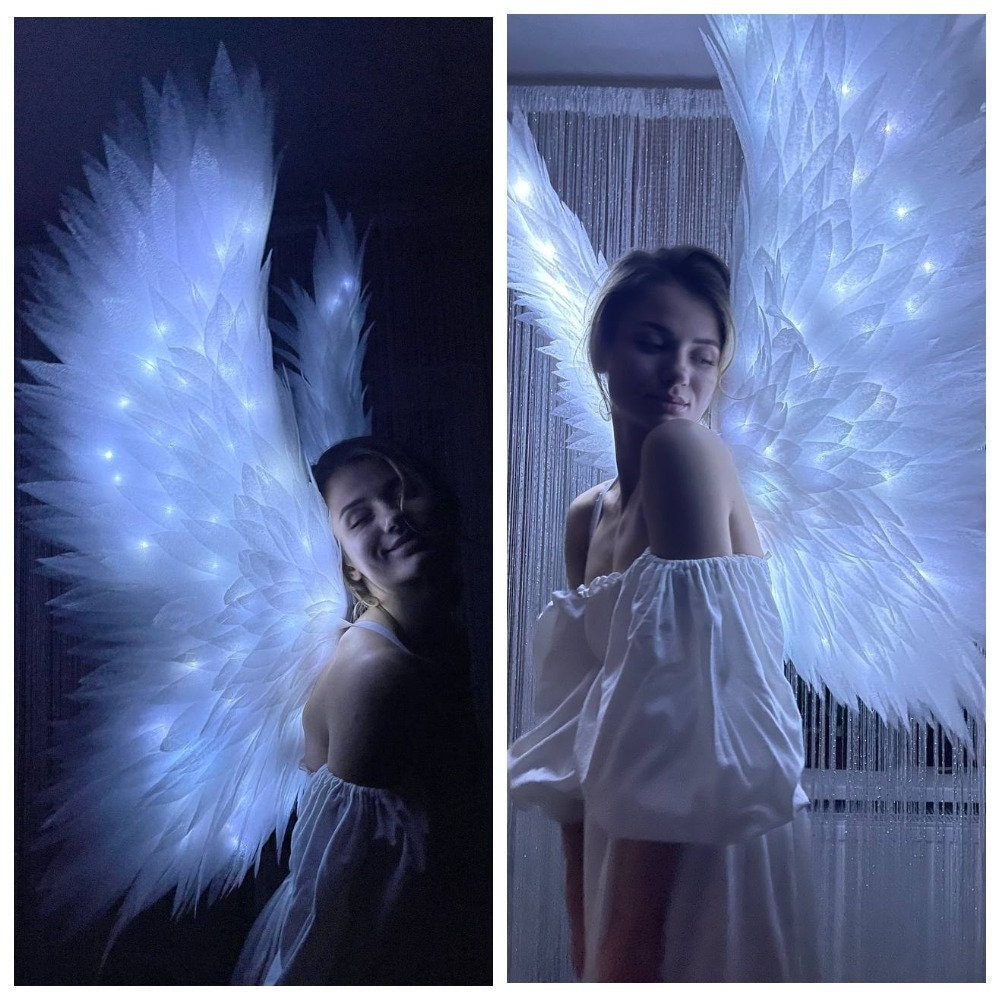 Disfraz de alas de ángel de plumas blancas iluminadas para niños y niñas,  alas de hadas negras con LED para mujeres, Halloween, cosplay, fotografía