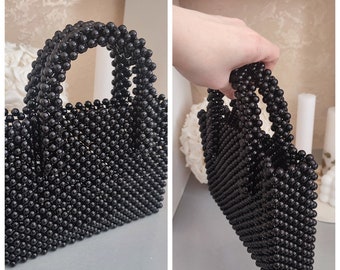 black bead bag, handmade bag, vintage acrylic bead shoulder bag, prom bag, bridal bag, evening bag, bridal shoulder bag, pearl bag