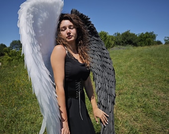 Black and white angel wings, Large Dark Angel Wings for Adults, Fairy Wings cosplay, Halloween Dark Angel Wings, White Angel Costume,