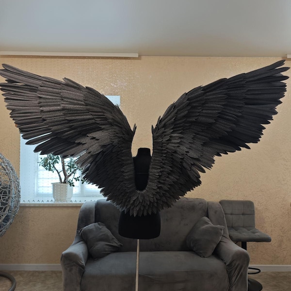 Angel wings in the dark - for photo shoots, cosplay and decor, Realistic Black Handmade Angel Wings, Cosplay costume, Light and airy wings