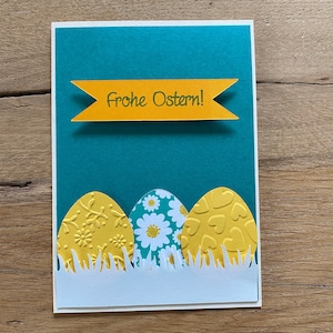 Osterkarte creme petrol türkis farbige Ostereier Gruß Frohe Ostern Karte