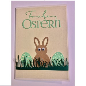 Osterkarte elfenbein Ostereier mint Gras und bauner Osterhase Gruß Ostern frohe Ostern Karte Ostern