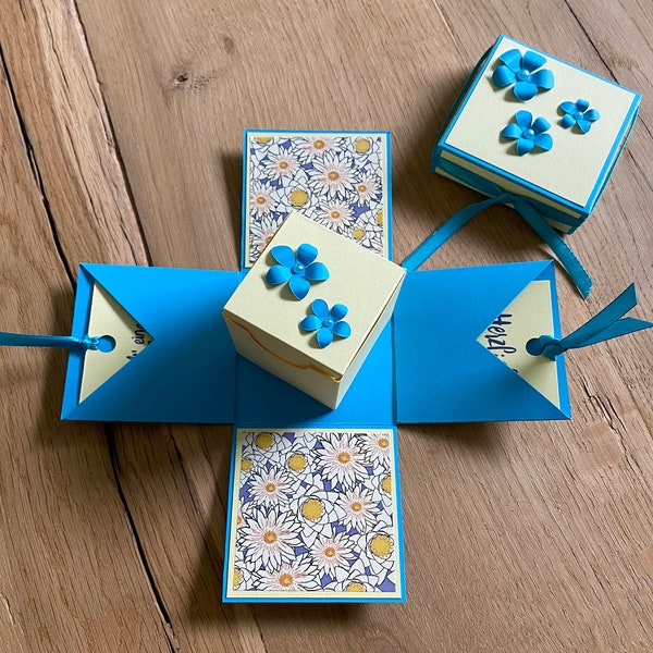 Explosion Box - Gift Box Blue - Yellow Flowers with Inside Box Money Gift Birthday Wedding Baptism Confirmation Communion