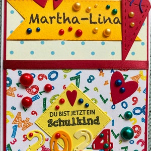 JKSelfmadecards Karte Einschulung Zahlen bunt rot gelb  Schulstart - personalisiert