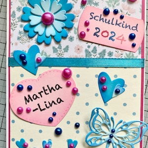 JKSelfmadecards Karte Rosa Türkis - Blumen Punkte Einschulung Schulstart - personalisiert