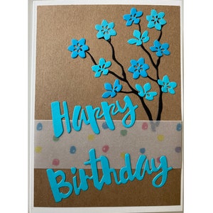 Handgefertige Geburtstagskarte türkis Blumen mit Umschlag, Handarbeit DIY schöne Klappkarte Kraftbraun Happy Birthday Glückwunsch