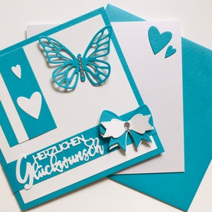 Handarbeit Glückwunsch-Karte mit Einlegeblatt handgemacht mit Umschlag DIY-Karte Türkis Weiß Schmetterling