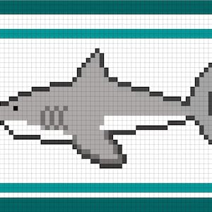 May include: A pixelated gray shark with a black eye and a white stripe on its belly, set against a white background with a teal border.