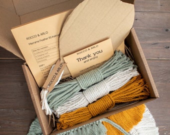 Macrame Wall Hanging Kit | DIY Macrame Feather Kit | Sage Green / Mustard /  Natural