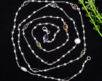 Genuine Natural Multi Gemstone Multi Semi Precious Gemstone Necklace Jewellery 925 Sterling Silver Long Chain Designer Necklace Gift For Her