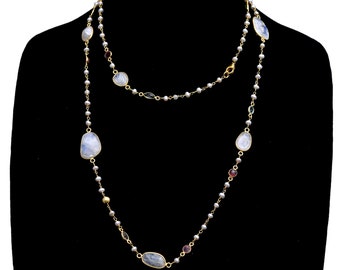 Natural Tourmaline beaded With Natural Labradorite and Rose Quartz Gemstone 925 Sterling Silver Gold Plated Long Chain Best Gift For Women