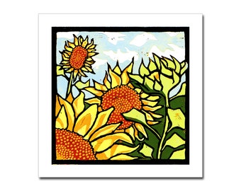 Field of Sunflowers Linocut Art Greeting Card, Birthday, Botanical, Nature. Blank inside 13cm x 13cm. Wife, Husband, girlfriend, friend