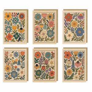 Folk Art Floral Greeting Cards Set of 6 | Botanical A5 Greeting Cards | Cottagecore Stationery | Wildflower Cards | Blank inside G1