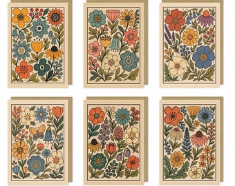 Folk Art Floral Greeting Cards Set of 6 | Botanical A5 Greeting Cards | Cottagecore Stationery | Wildflower Cards | Blank inside G1