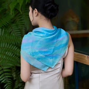 Hand-painted Ocean Blue Mulberry Silk Scarf - Vietnamese  display picture 1