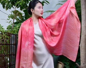 Hand-Painted Silk Scarf: Coral Bloom – 90x180cm | Luxury Long Pink Silk Wrap | Handmade Gift for Her