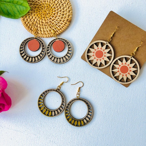 Handmade Round Wooden Earrings Circle Earrings Lightweight Dangle