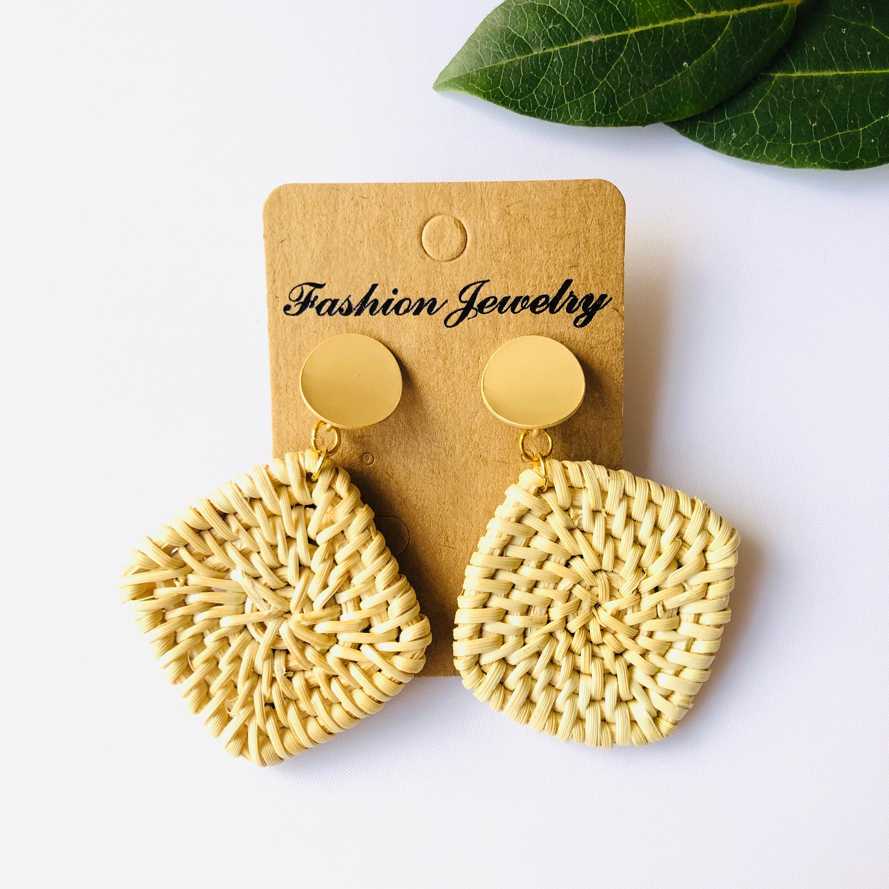 Square Handwoven Rattan Earrings |Handmade Earrings | Square Earrings |Boho Earrings | Wicker Earrings | Summer Earrings