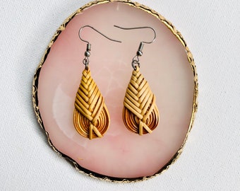 Handmade Woven Rattan Earrings | Boho Leaf Design
