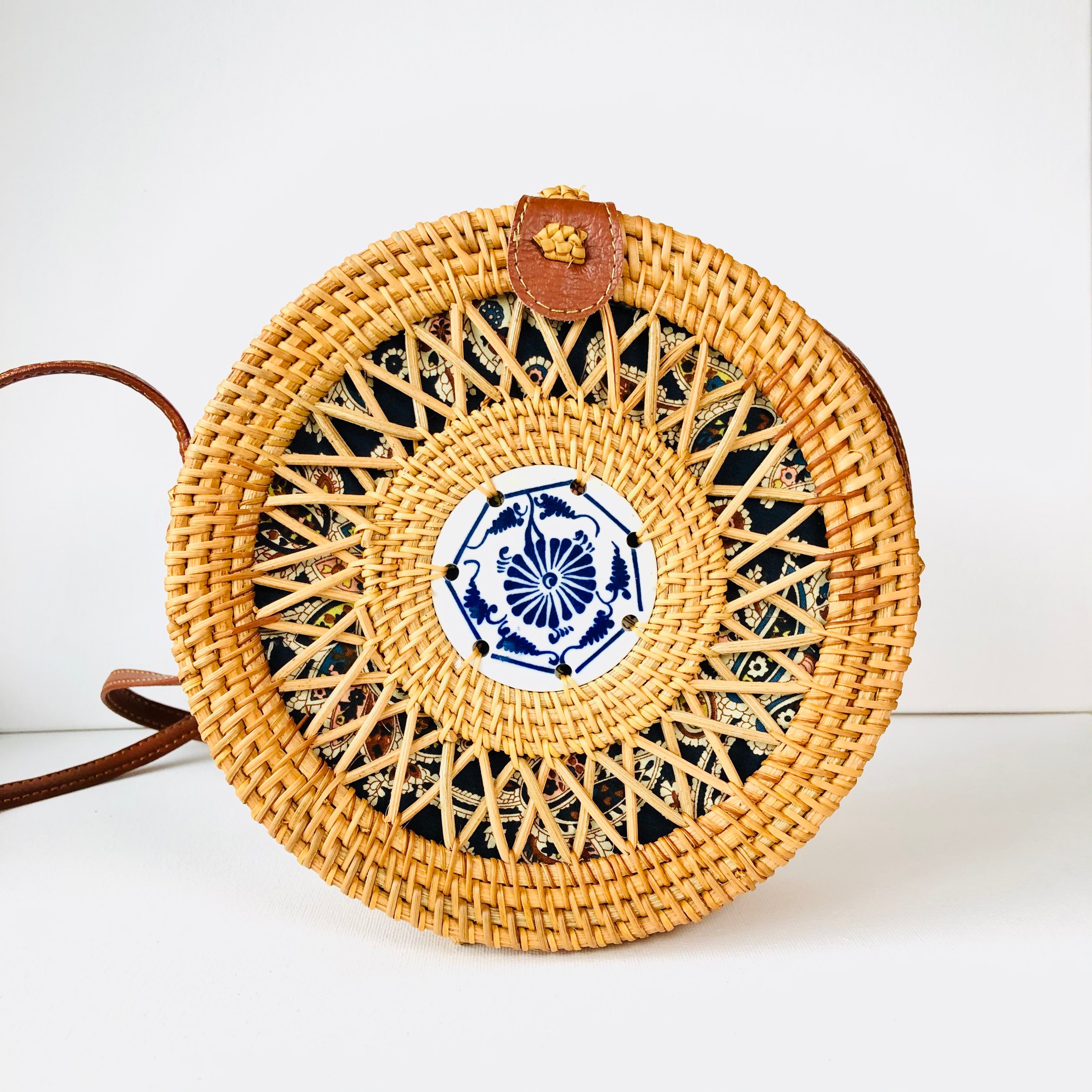Round Handwoven Rattan Bag With the Blue And White Porcelain/ Ata Grass | Shoulder Boho Bag | Wicker Bag | Handmade Bag