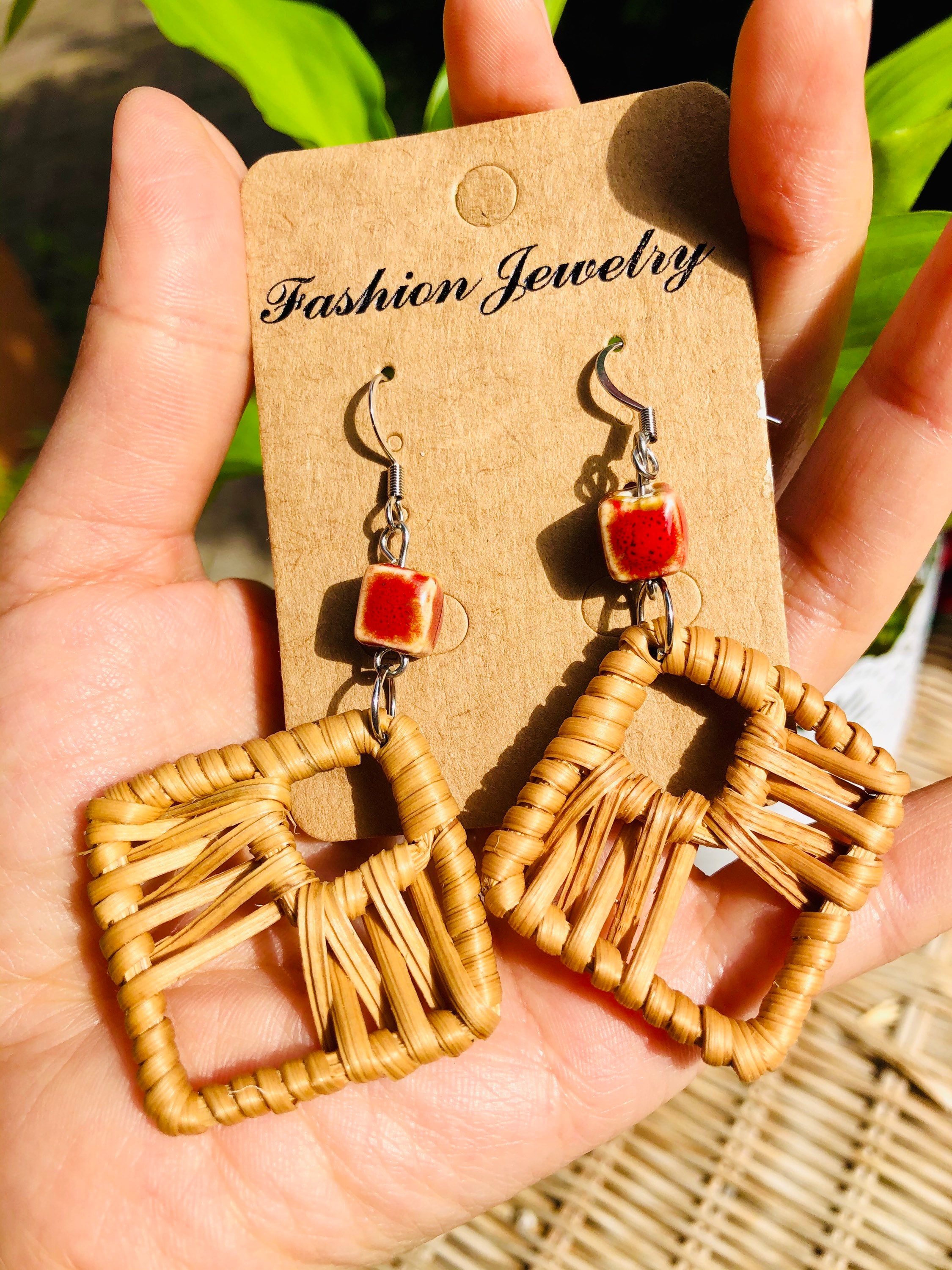 Square Handwoven Rattan Earrings |Handmade Summer Earrings | Hoop Earrings |Boho Earrings | Wicker Earrings | Summer Holiday Earrings