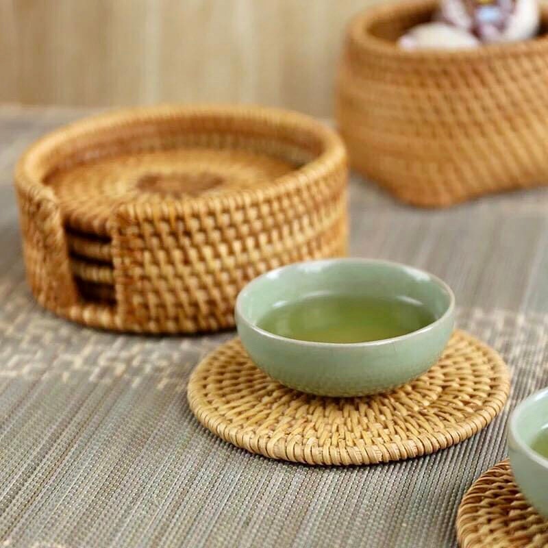 Non-slip 6 Pcs set Handwoven Rattan Coasters with holder | Rattan Tea Coasters | Rattan Placemats | Coasters Set with holder | Boho Coasters
