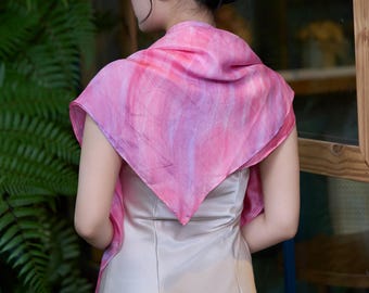 Hand-Painted Mulberry Silk Scarf – Pink Blossom Gradient, Square Scarf 90x90cm