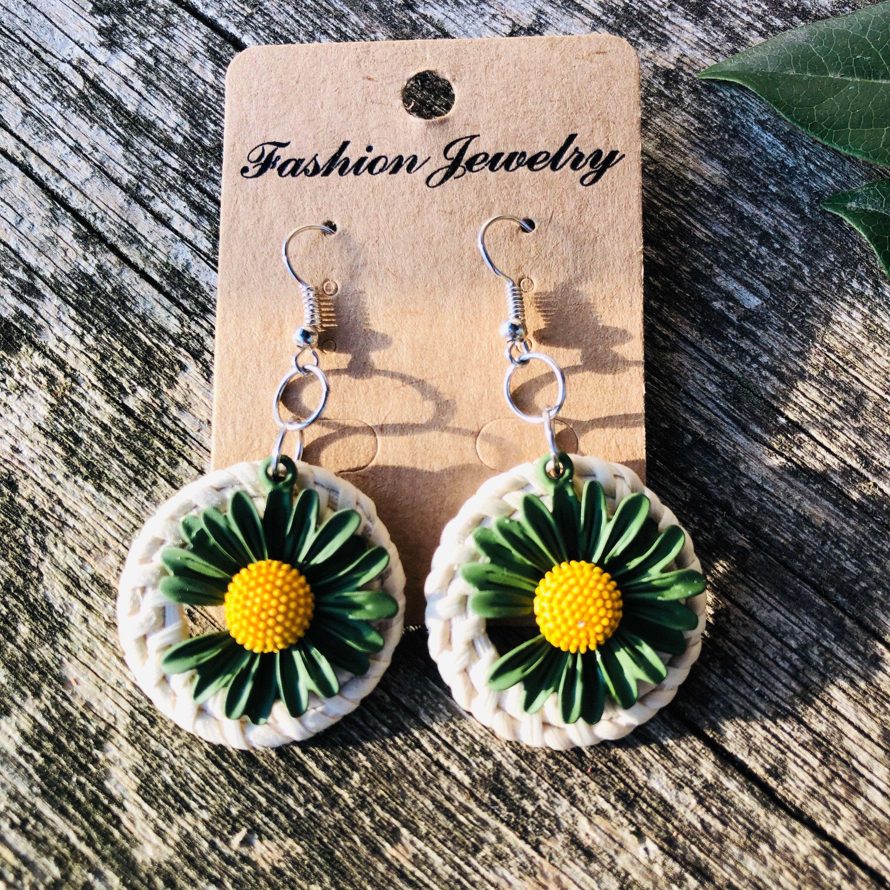 Daisy Green Handwoven Rattan Earrings |Handmade Earrings | Hoop Earrings |Boho Earrings | Wicker Earrings | Christmas Earrings