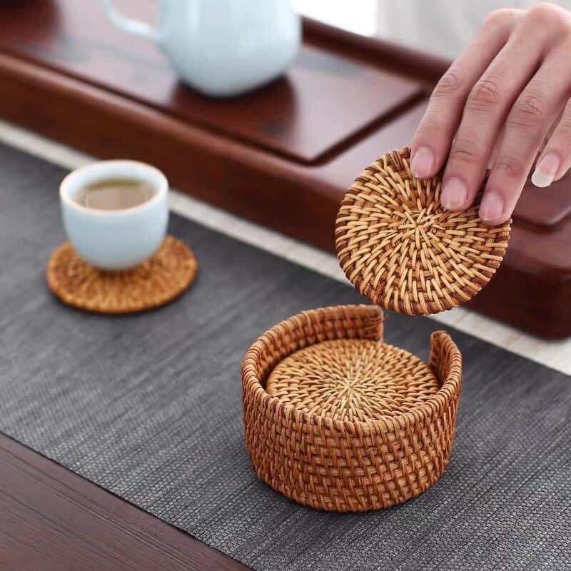 Round Rustic Coasters Set Tea Rattan Unique Drink Personalized Bar
