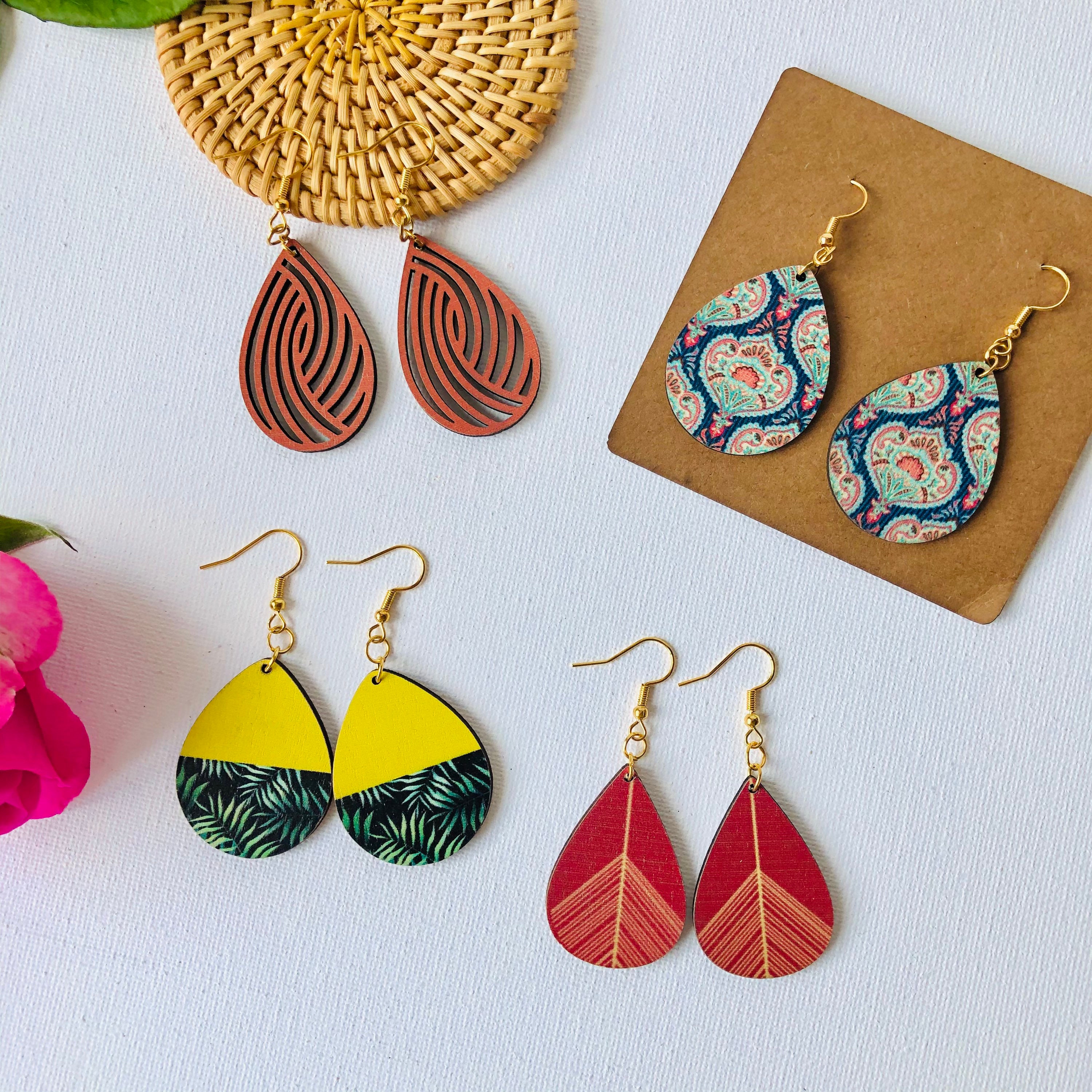 Handmade Teardrop Wooden Earrings | Circle Earrings | Lightweight Dangle Earrings | Wood Earrings | Summer Earrings | BUY 4 PAY 3