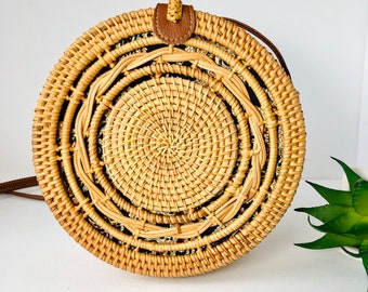 Handmade Round Rattan Bag | Bohemian Wicker Purse with Free Earrings