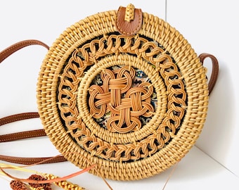 Handwoven Rattan Crossbody Bag | Boho Shoulder Bag with Earrings