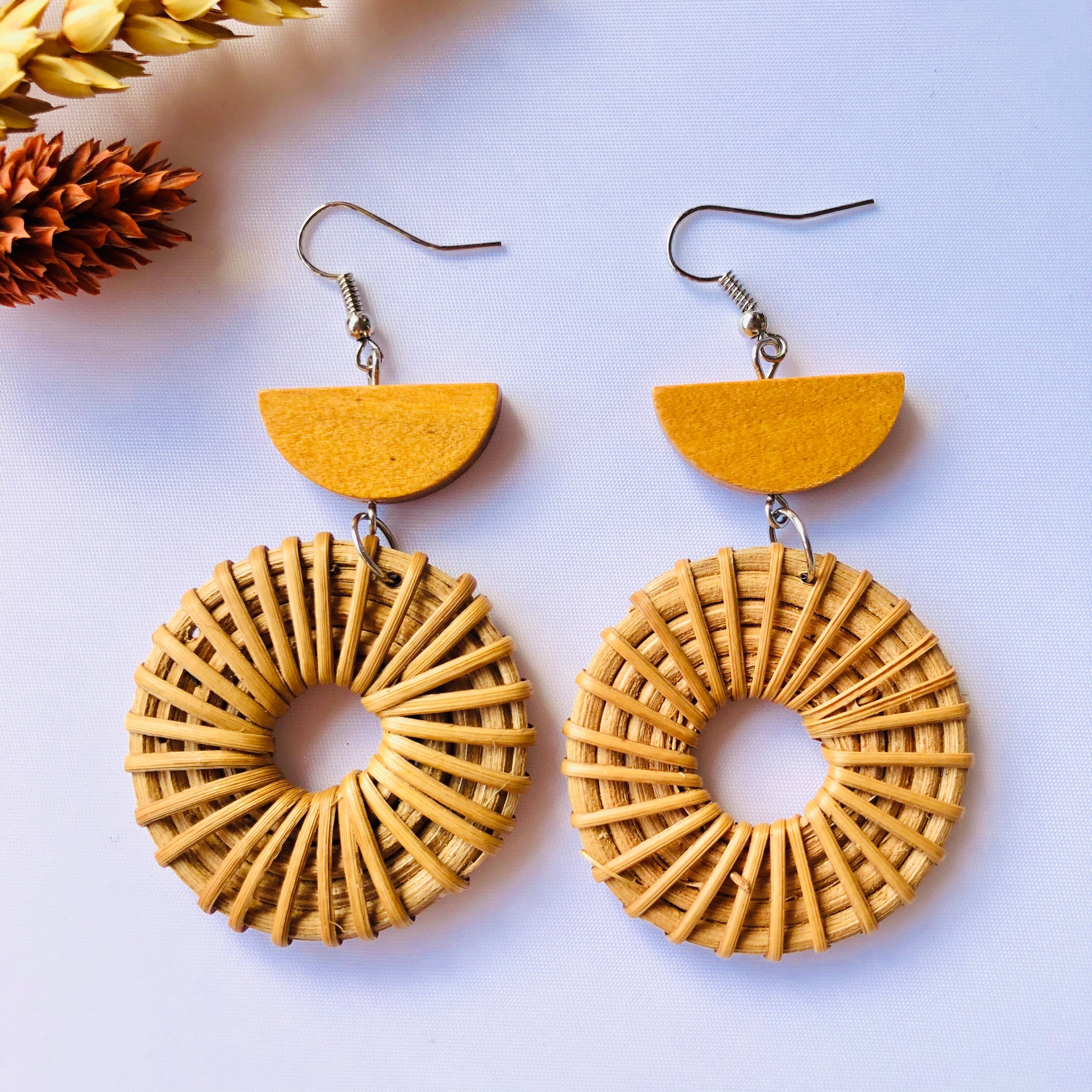 Sun Hoop Handwoven  Rattan Earrings | Statement Earrings | Boho Earrings | Wicker Earrings | Straw Earrings