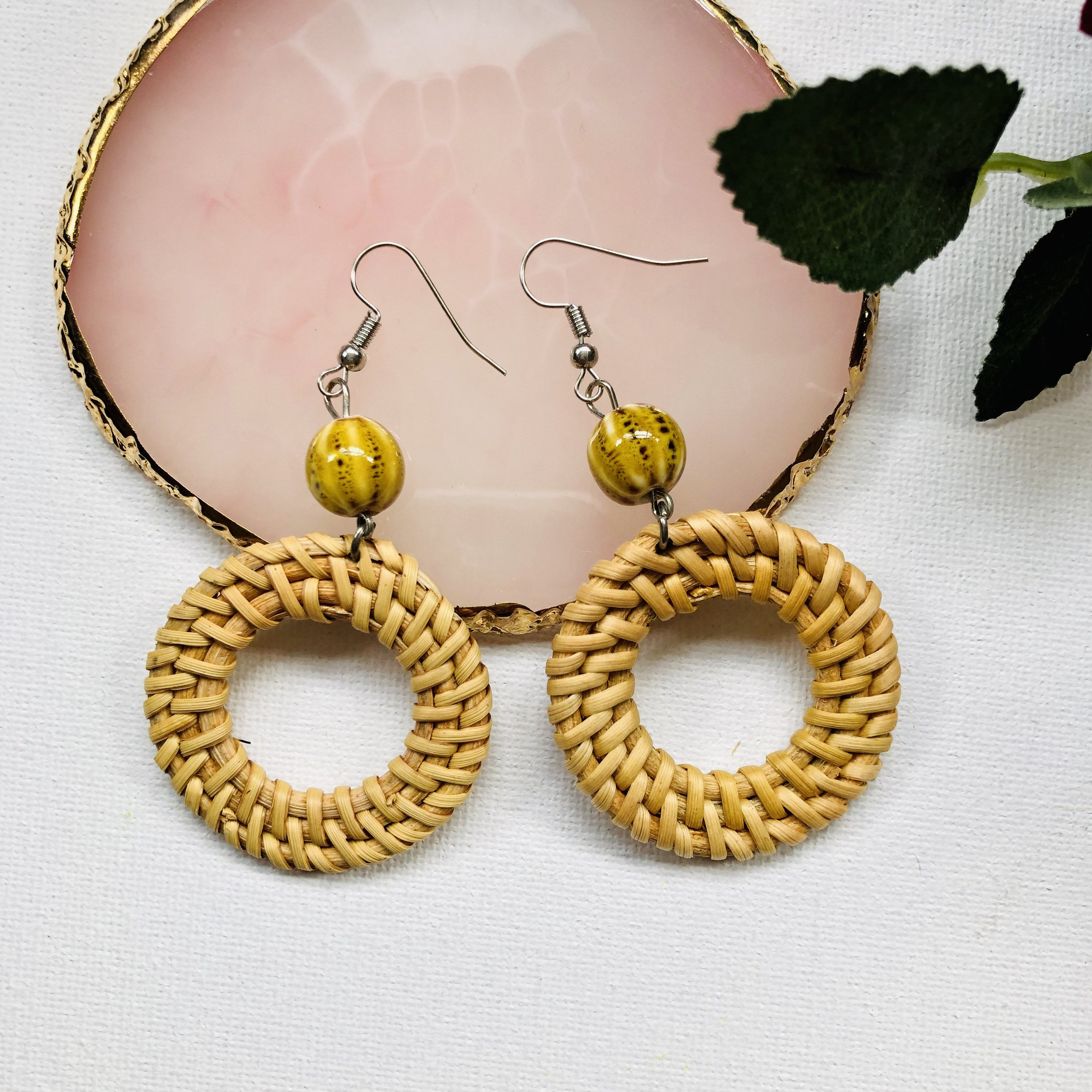 Handwoven Hoop Ball Rattan Earrings |Handmade Earrings | Boho holiday summer Earrings | Vacation earrings | Party Earrings | Beach Earrings