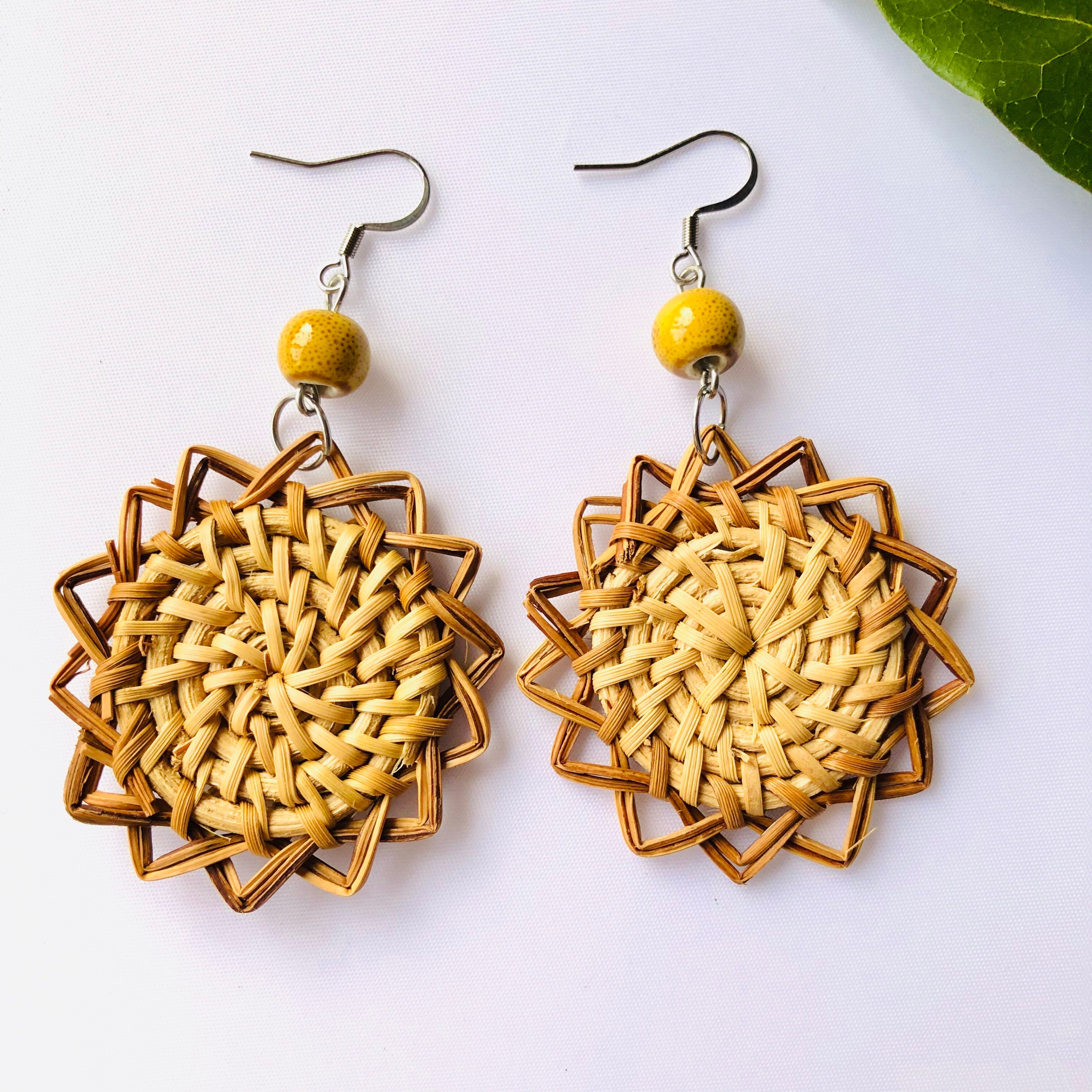 Sun Charms Handwoven Rattan Earrings |Handmade Earrings |Straw Earrings |Boho Earrings | Wicker Earrings