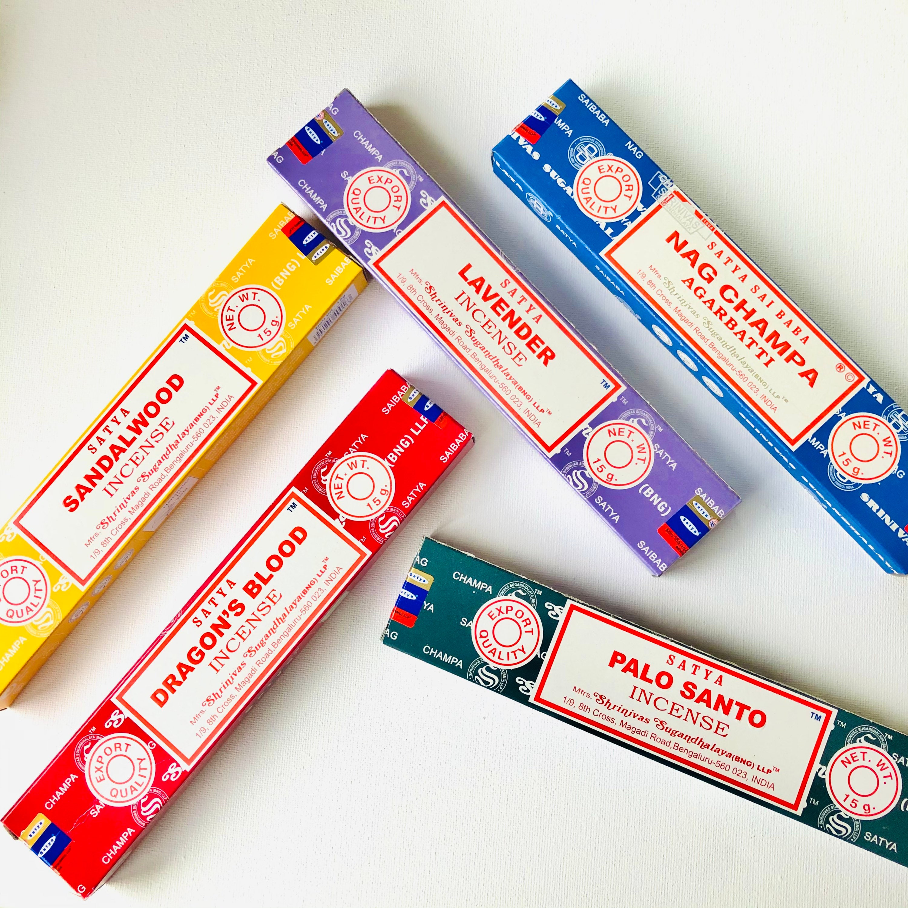 5 Packs of Satya Incense Sticks | Incense Scents | Various Scents – Nag Champa, Lavender, Sandal Wood, Dragon Blood and Palo Santo