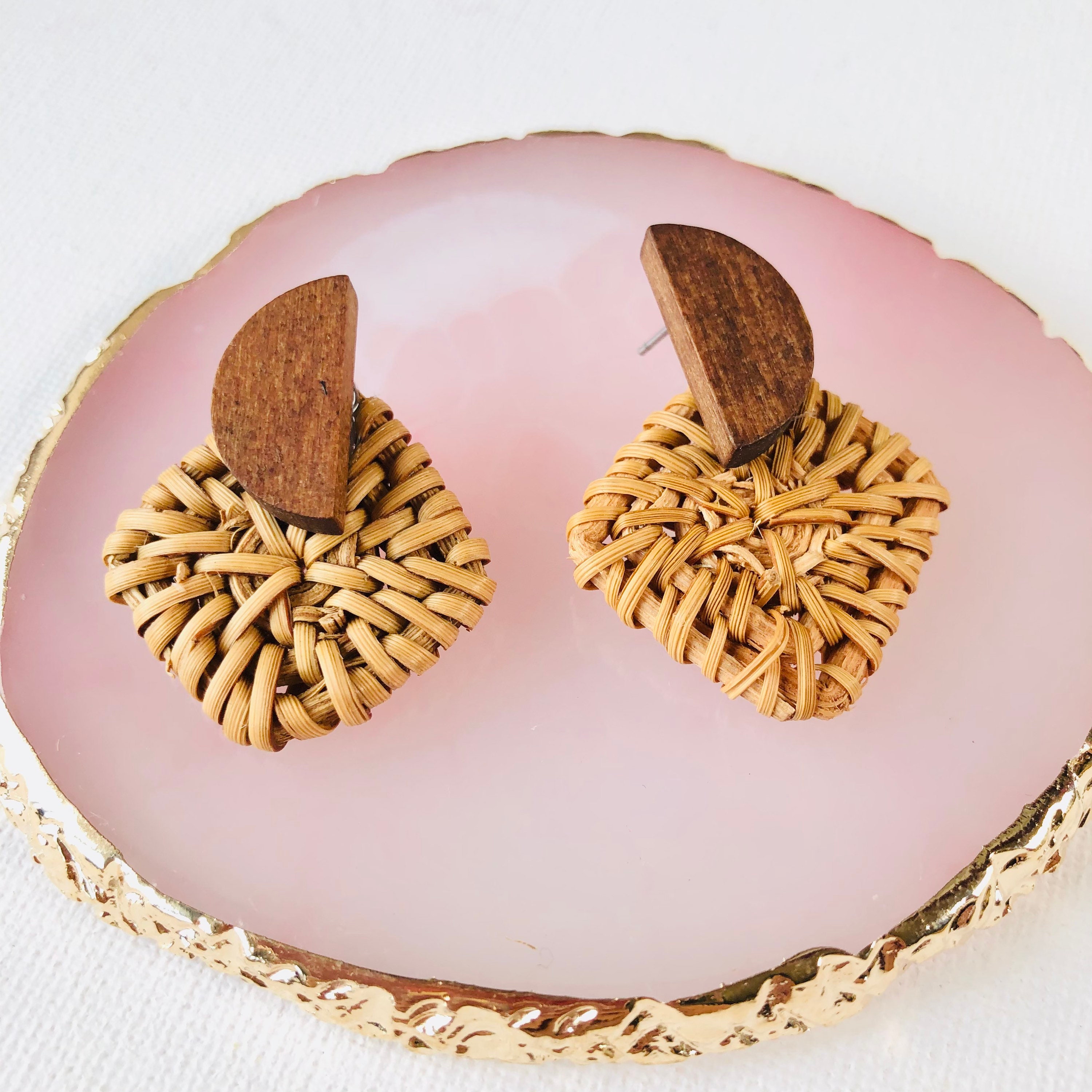 Handwoven Rattan Earrings | Cute Square Earrings | handmade Earrings |Boho Earrings | Wicker Earrings | Summer Earrings
