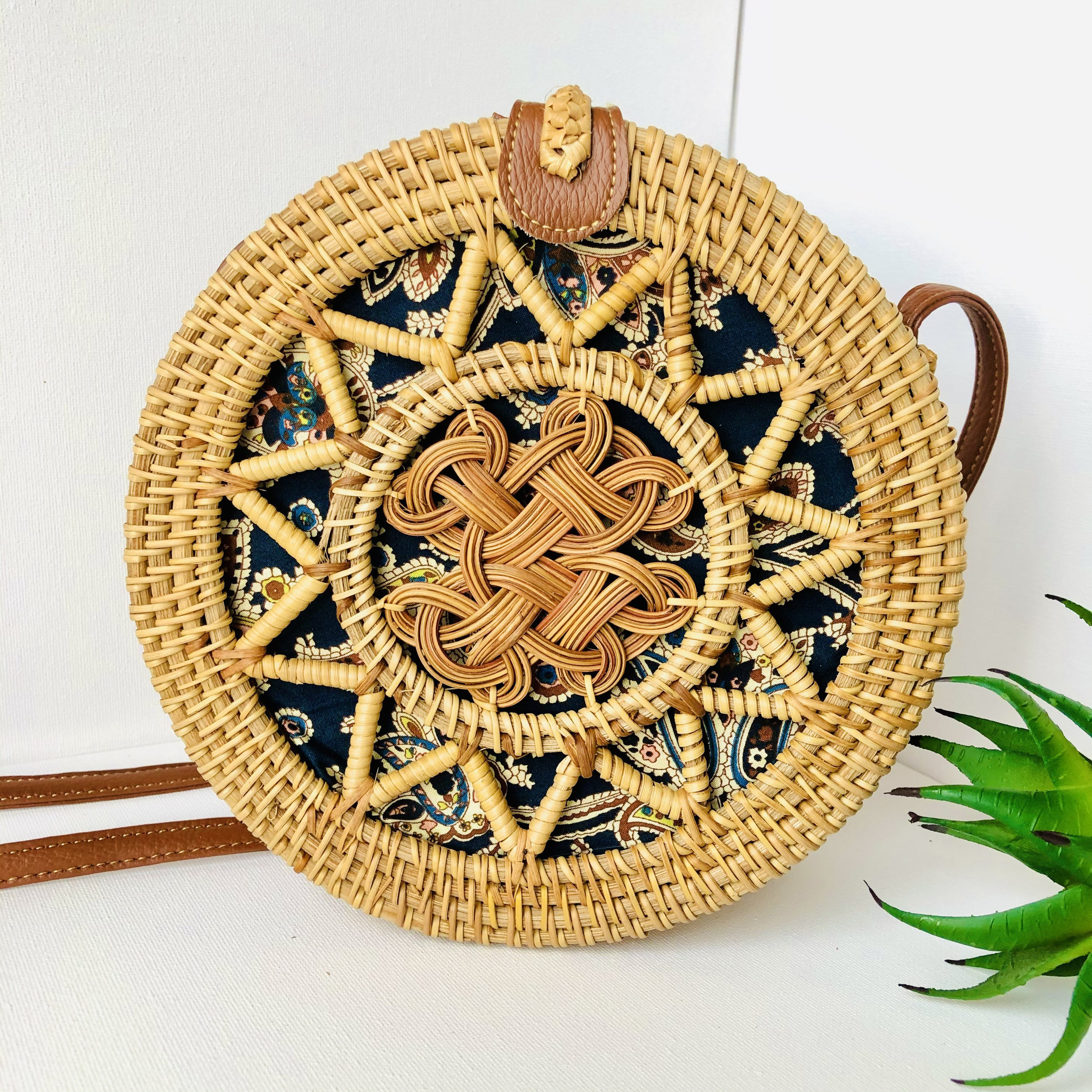 Round Rattan Bag In Blue Sling Purse – Boho Living Room