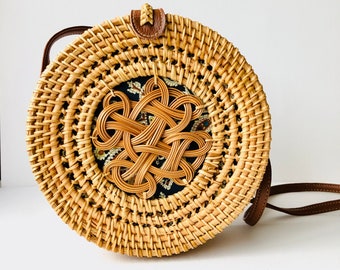 Handwoven Rattan Circle Bag | Boho Shoulder Bag with Leather Strap