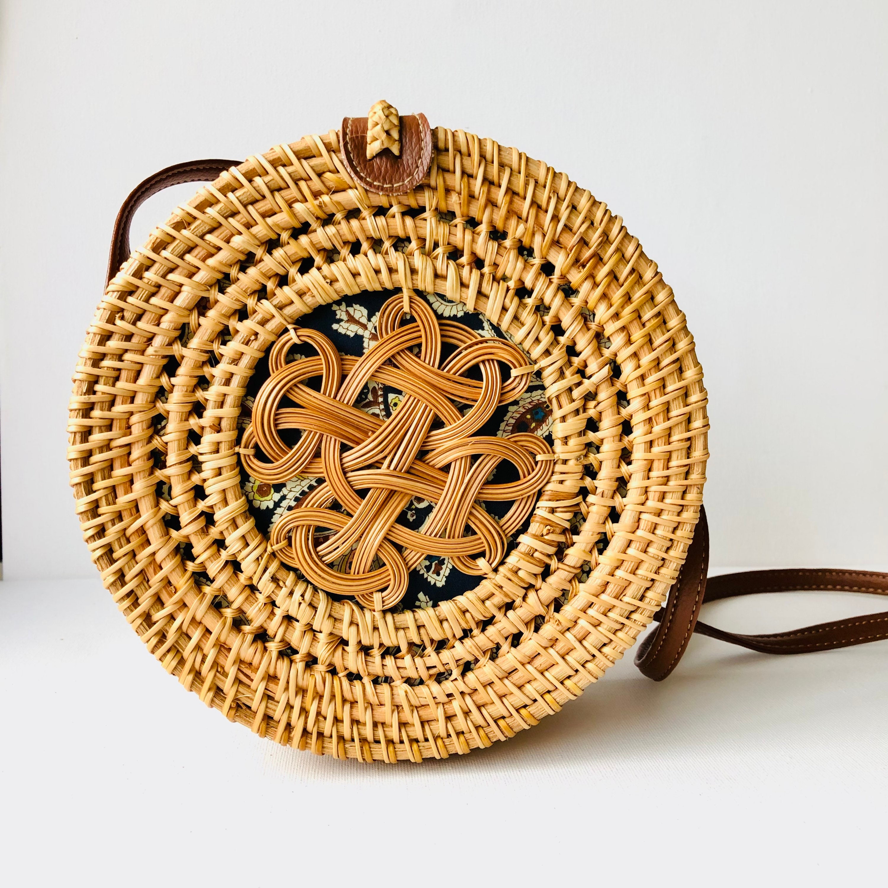 Double Circles Round Handwoven Rattan Bag | Floral Rattan Bag| Shoulder Boho Bag | Wicker Bag | Handmade Bag | Bohemian Bag