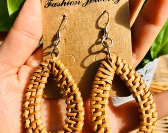 Oval Handwoven Rattan Earrings | Dangle Earrings | Statement Earrings | Wicker Earrings | Boho Earrings | Straw Earrings