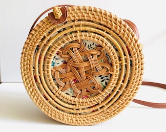 Handwoven Rattan Bag | Round Boho Beach Bag with Floral Lining
