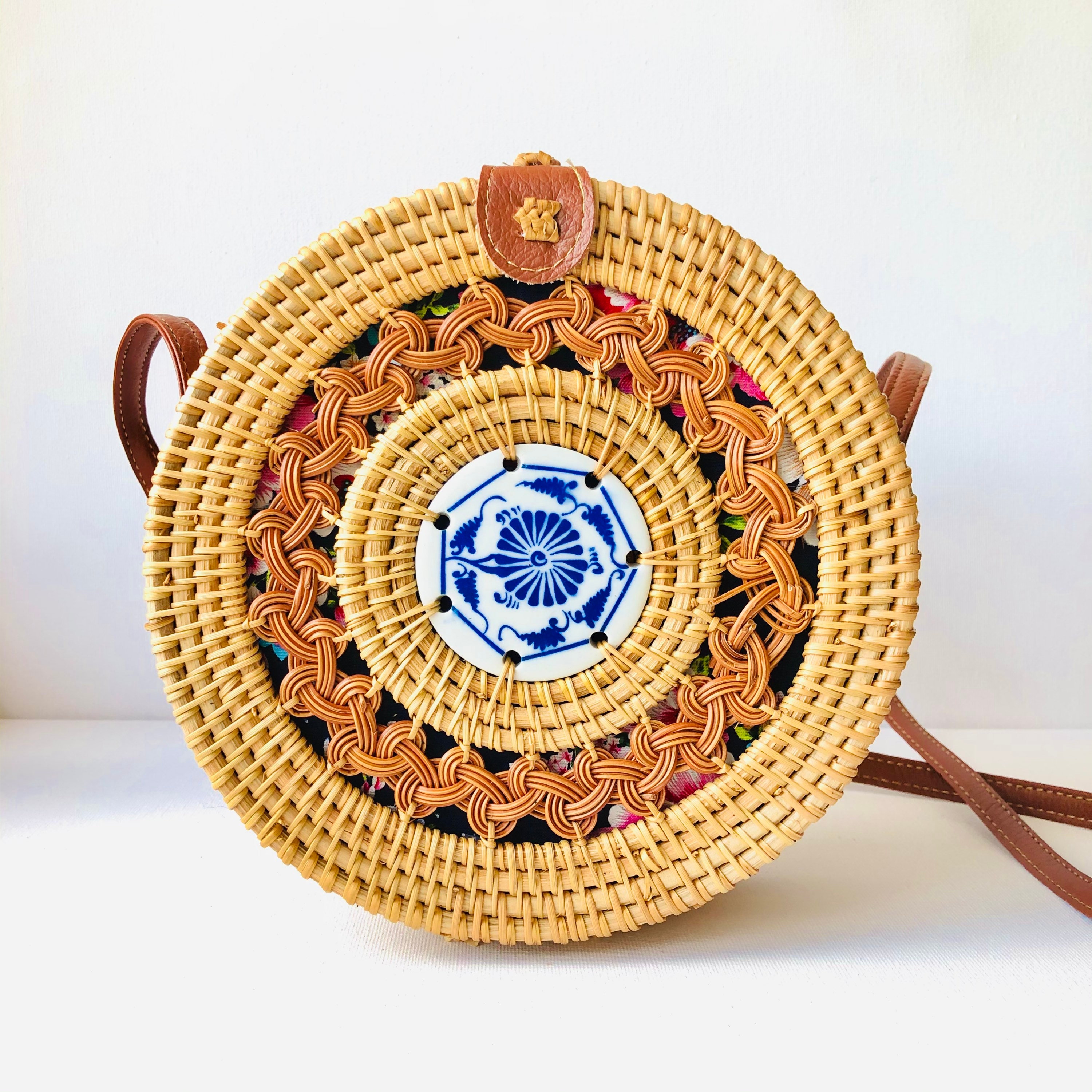 Round Handwoven Rattan Bag With the Blue And White Porcelain/ Ata Grass | Flower Bag | Shoulder Boho Bag | Wicker Bag | Beach Summer Bag
