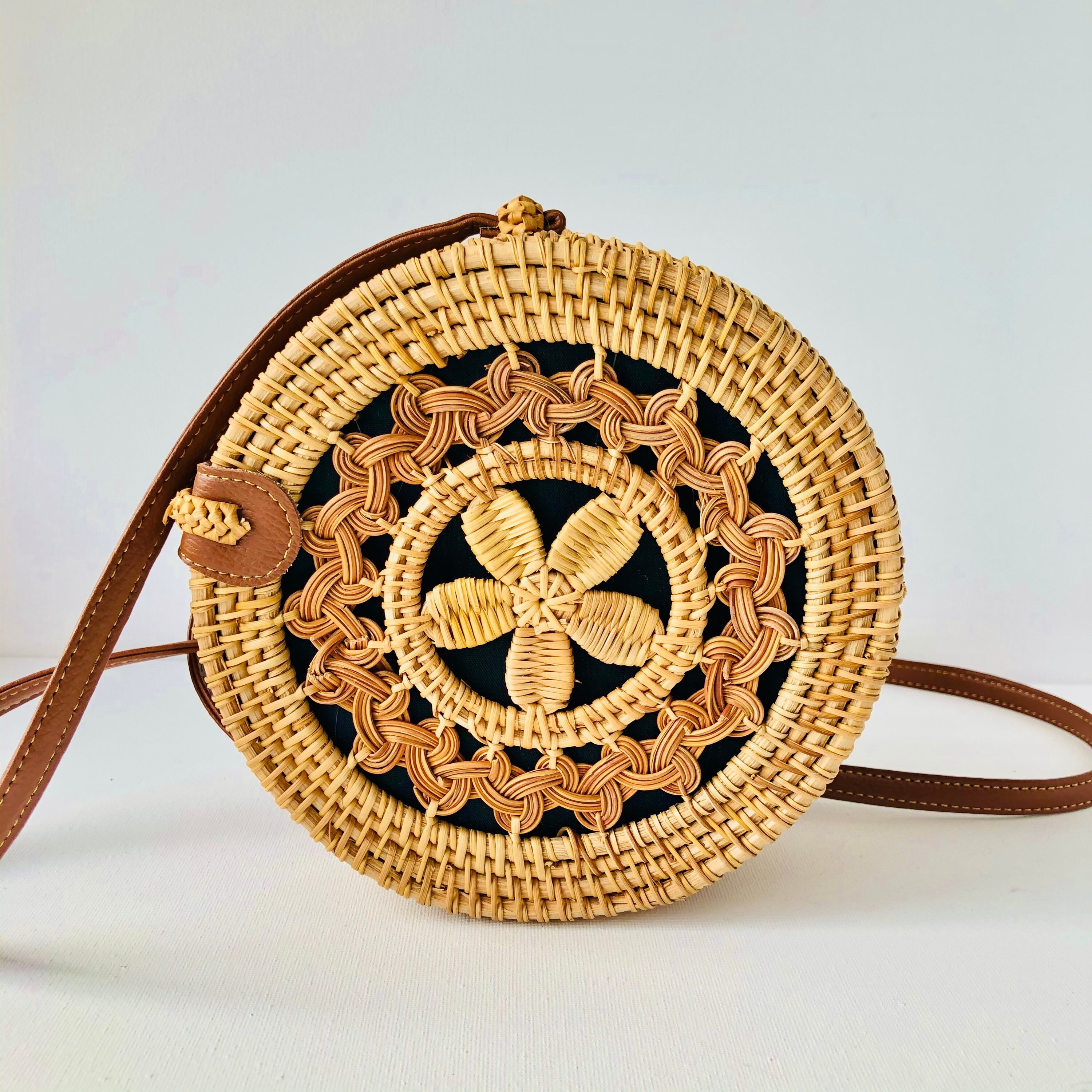 Floral Round Handwoven Rattan Bag | Rattan Bag| Shoulder Boho Bag | Wicker Bag | Handmade Bag | Bohemian Bag D20cm