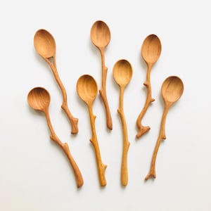 Può includere: Sette cucchiai di legno dal design naturale e organico. Ogni cucchiaio ha una ciotola arrotondata e un manico a forma di ramo d'albero. I cucchiai sono di un caldo marrone chiaro e sono disposti su una superficie bianca.