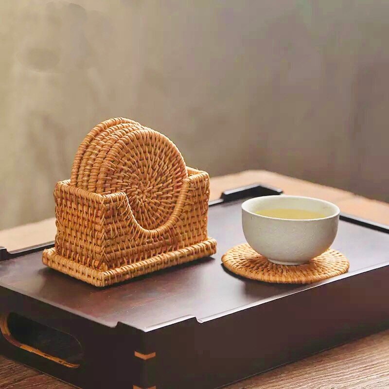 Handmade 6 Pcs set Rattan Coasters with Square holder | Tea Coasters | Rattan Placemats | Coasters Set with holder | Wicker Coasters