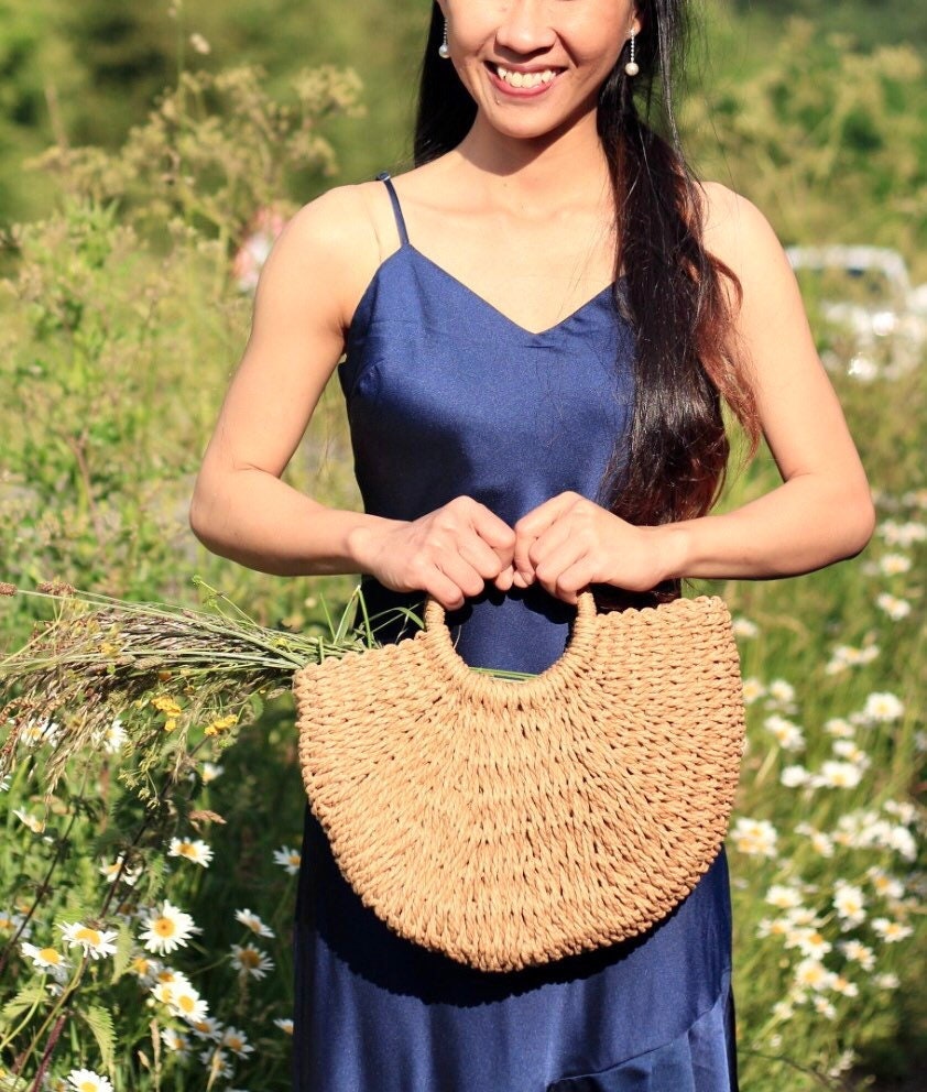 Handwoven Straw Large Half Moon handBag with Straw Strap |Handmade Boho Bag| Beach Summer Bag | Shoulder Wicker Bag|Crossbody Bag
