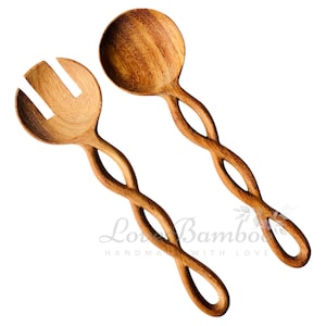 Handcarved Doussie Wood Salad Server Set: Twisted Handle Eco Spoons